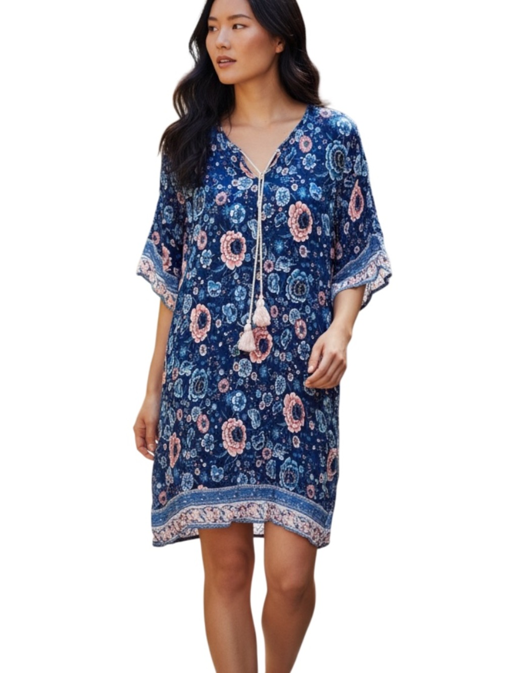 Halife Blue Floral Tassel-Front Midi Dress